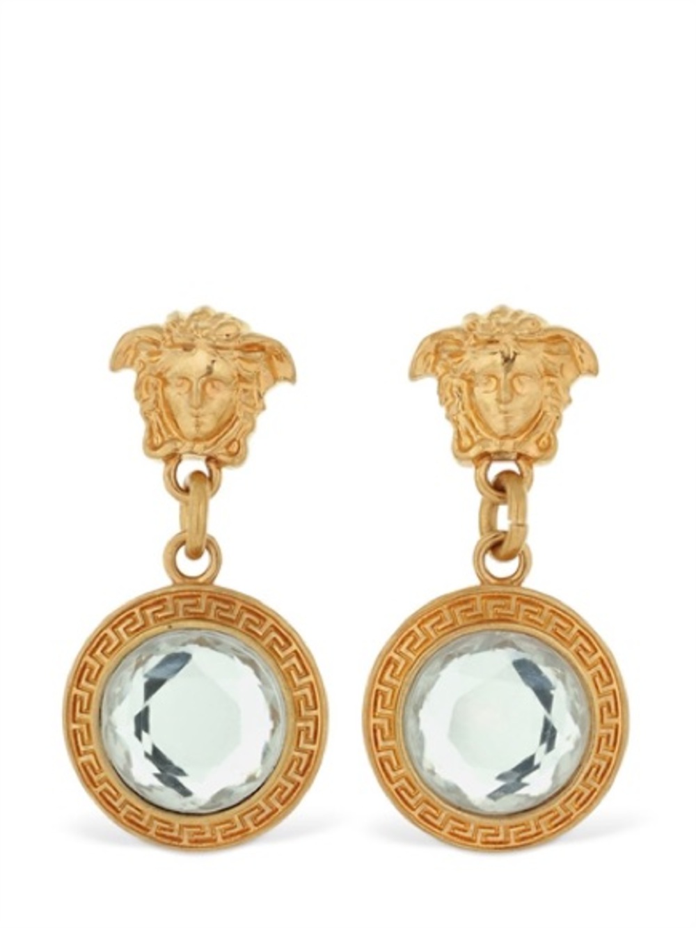 Versace Gold-Tone Medusa Drop Earrings with Clear Stones
